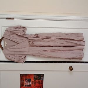 Puff Sleeve Wrap Midi Dress in Light Taupe